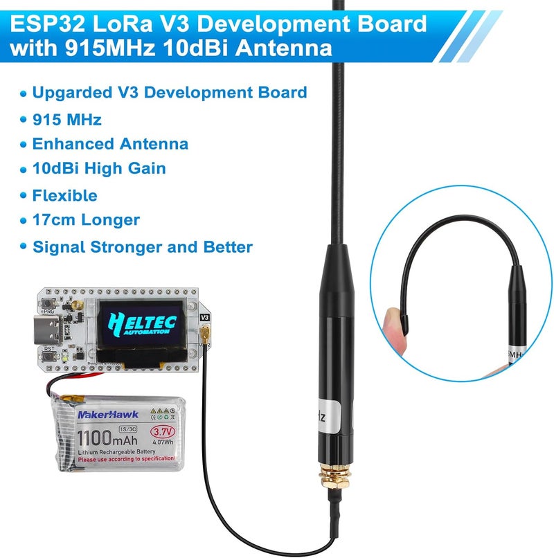 MakerHawk ESP32 LoRa V3 Development Board with 915MHz Antenna and 1100mAh Battery - 10dBi Gain 17cm SMA Male Antenna SX1262 LoRa V3 Device and JST1.25 Battery Set for Meshtastic Ar duino LoRawan IOT - Image 3